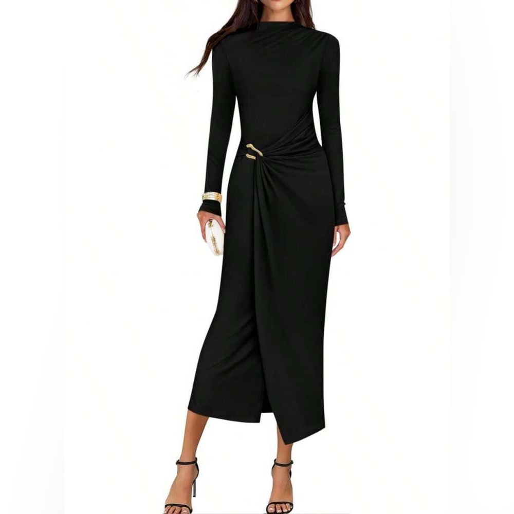 ZESICA Black Mock Neck Faux Wrap Ruched Gold Hardware Bodycon Midi Maxi Dress XS